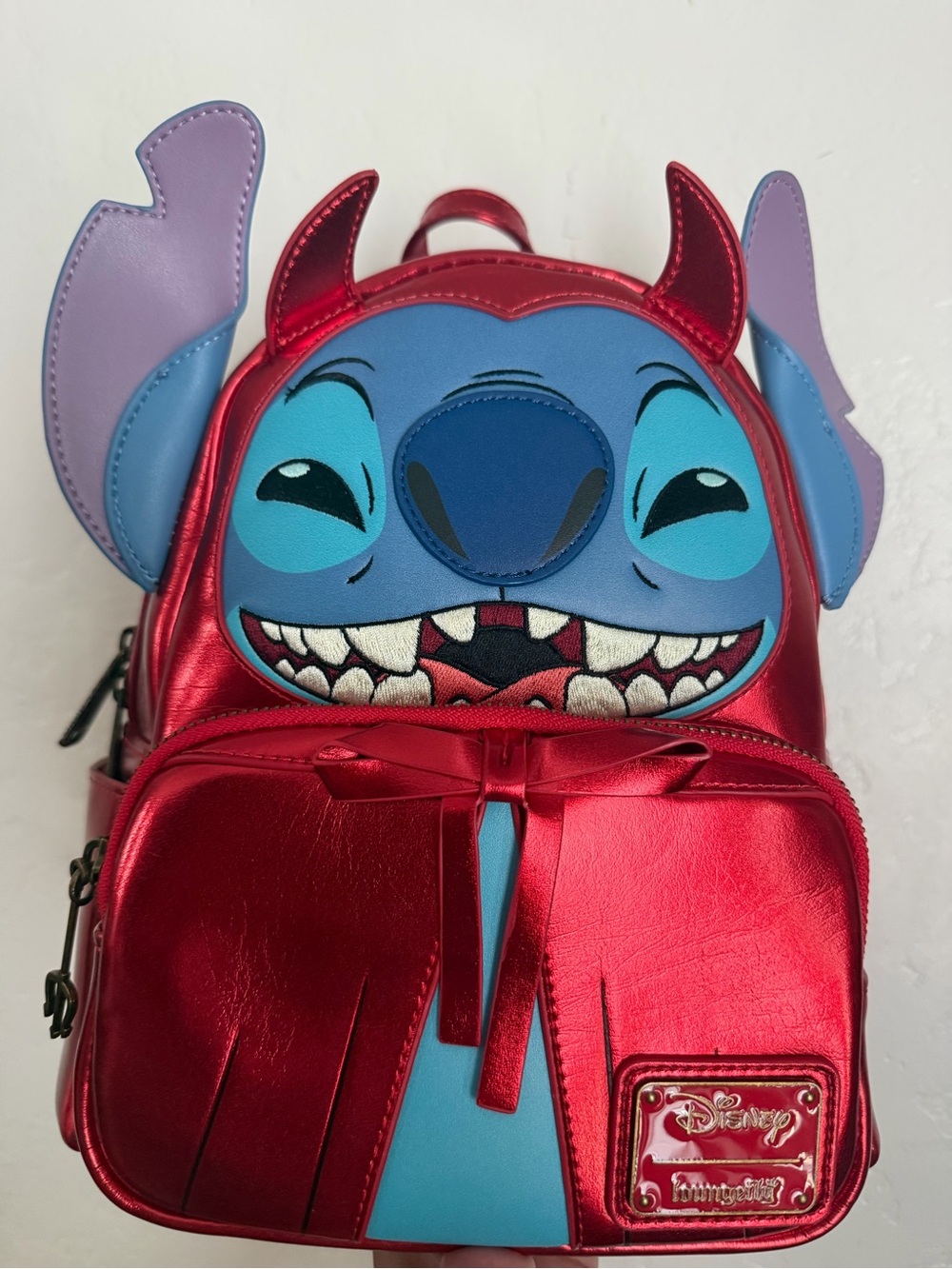 Disney Red Stitch Mini Backpack with Blue Face and Purple Ears w/matching wallet